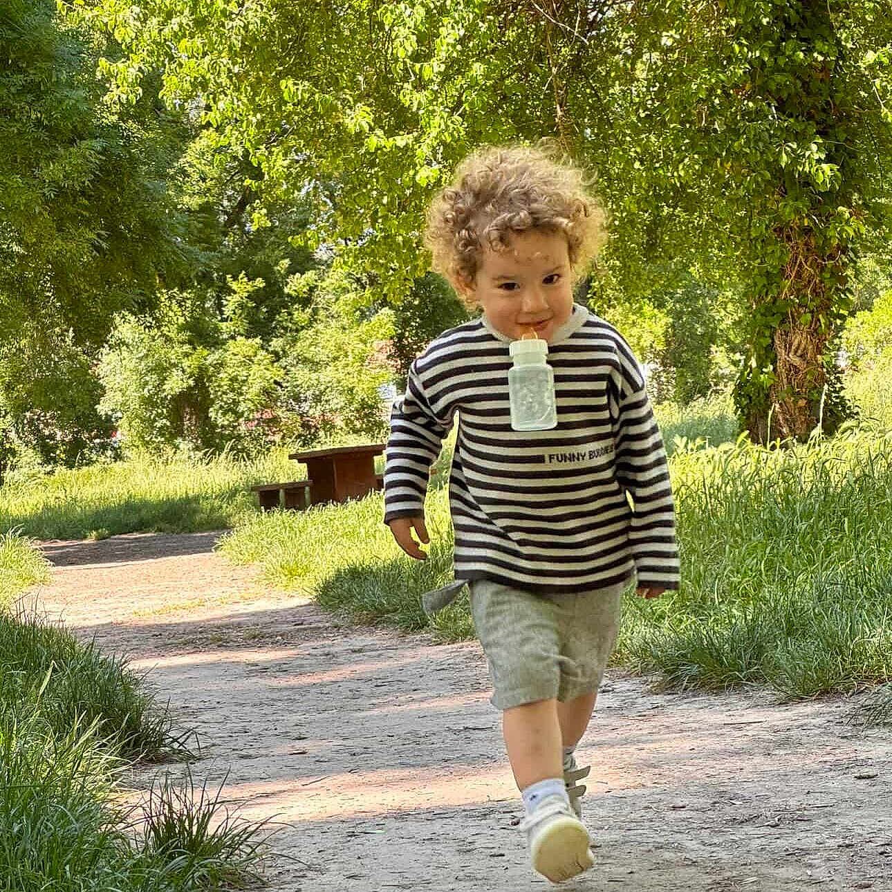 Maël participe au concours pour gagner de l'argent avec cette photo : child, toddler, curly_hair, striped_sweater, shorts, bottle, walking, path, park, greenery, trees, sunlight, daytime, outdoor, grass, nature, person, happy, cute, casual