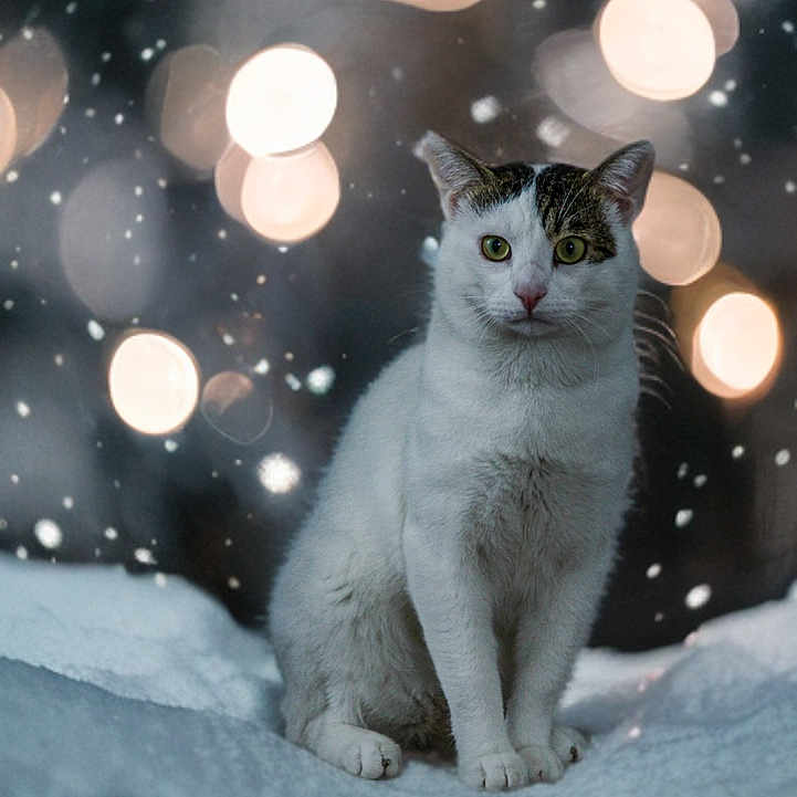 Rio a rejoint le concours — aidez-le/la à gagner de superbes lots ! animal, background, bokeh, cat, cold, cute, eyes, feline, fur, lights, mammal, nature, outdoor, pet, portrait, sitting, snow, whiskers, white, winter
