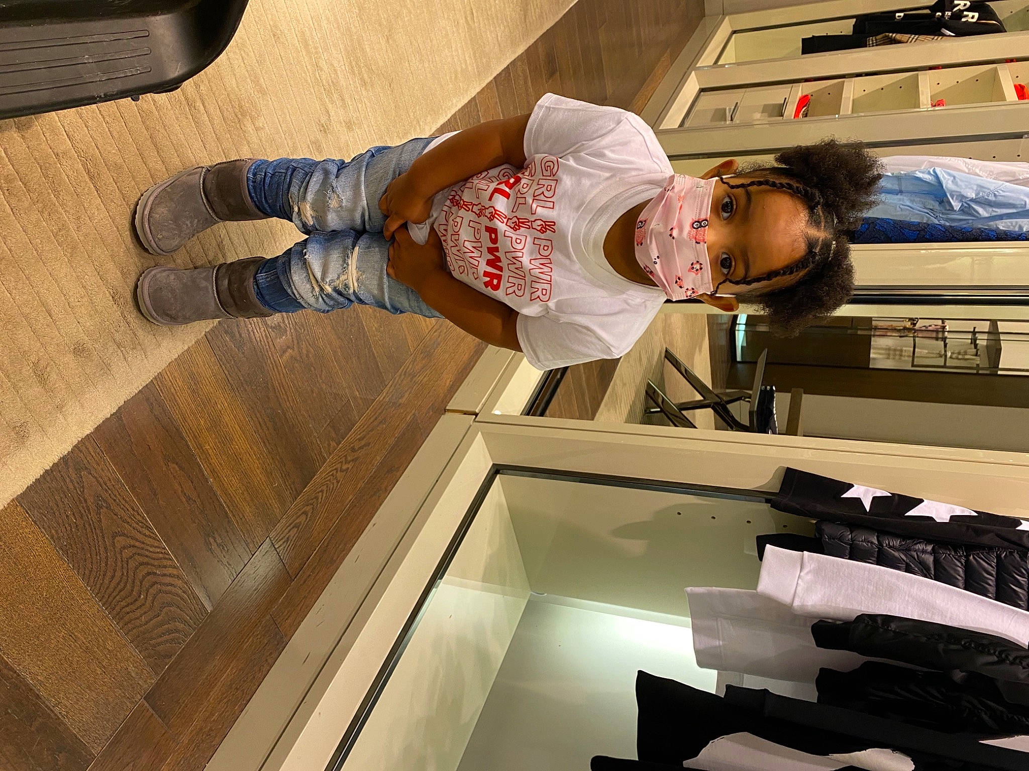 Kamariah is registered to the contest to win money with this photo: building, comfort, flooring, fun, hardwood, hat, human_leg, knee, machine, microwave_oven, outdoor_shoe, person, room, stairs, t_shirt, thigh, toddler, varnish, wood, wood_flooring