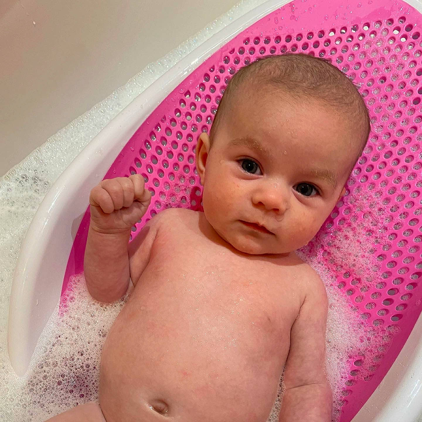 Ava-leigh is registered to the contest to win money with this photo: baby, baby_bathing, bathing, bathtub, cheek, chin, ear, eye, eyebrow, eyelash, face, hand, head, iris, lip, mouth, nose, organ, person, pink