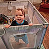 toddler, child, baby, smiling, indoor, playpen, playroom, dog, pet, chair, toys, toy, home, living_room, wood_floor, rug, portrait, standing, happy, family
