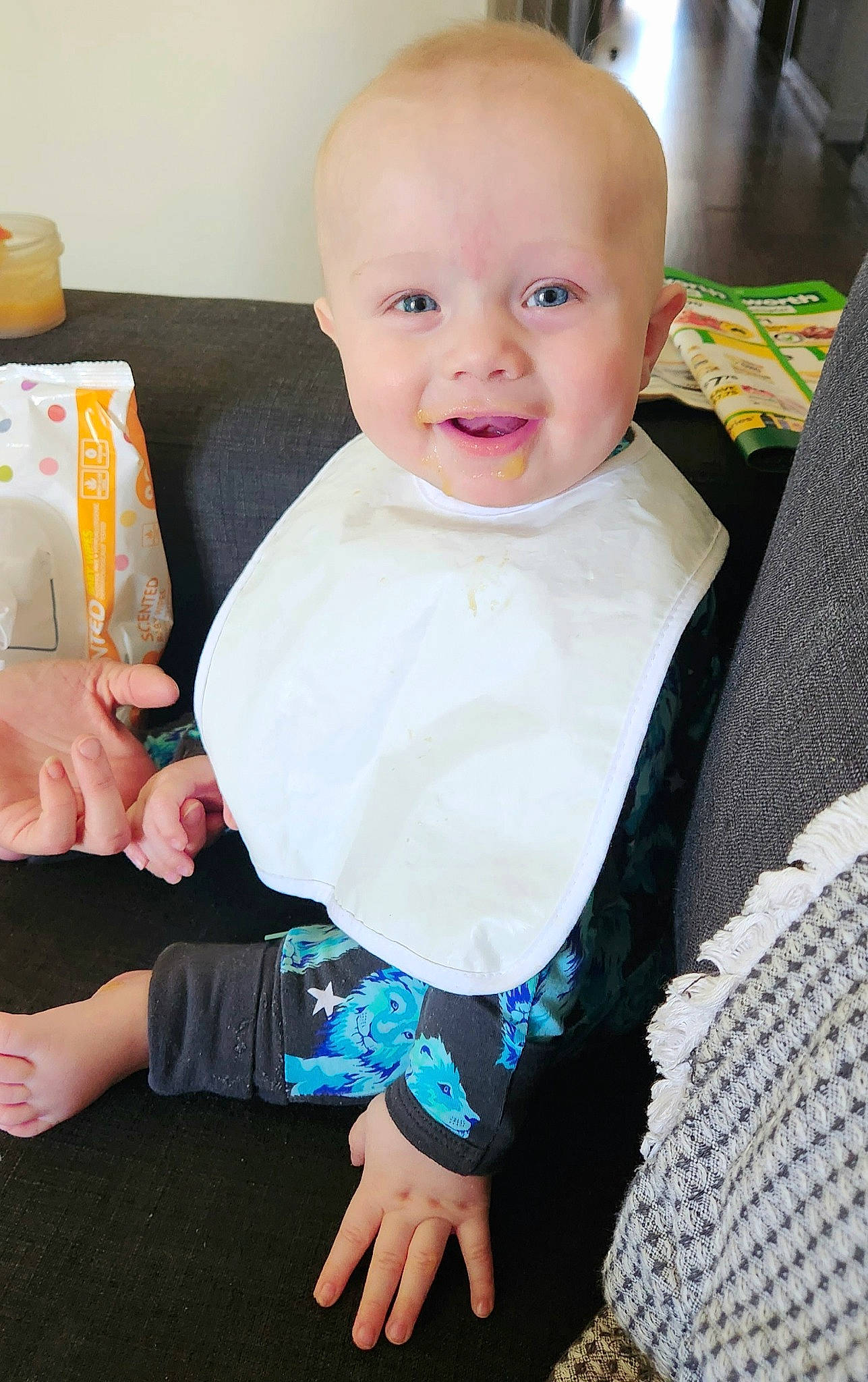 Dakota joined the competition — help win amazing prizes! baby, baby_toddler_clothing, cheek, child, comfort, couch, electric_blue, formal_wear, fun, happy, iris, pattern, person, room, sitting, skin, sleeve, smile, toddler, woolen
