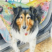 Koti is registered to the contest to win money with this photo: dog, watercolor, painting, art, colorful, rainbow, trees, floral, pattern, paw_prints, doorway, fluffy, cute, animal, portrait, whimsical, background, nature, soft_colors, illustration