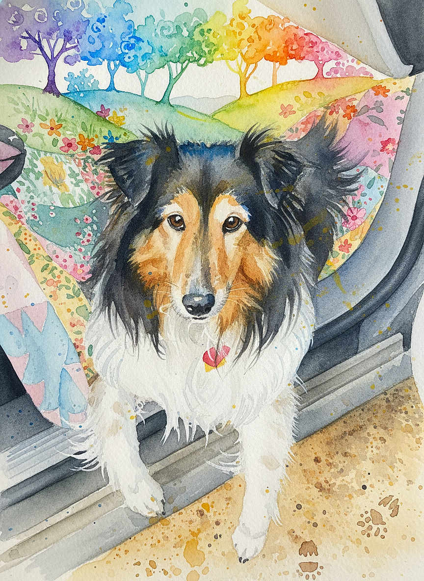 Koti is registered to the contest to win money with this photo: dog, watercolor, painting, art, colorful, rainbow, trees, floral, pattern, paw_prints, doorway, fluffy, cute, animal, portrait, whimsical, background, nature, soft_colors, illustration