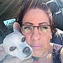 Mr. Bojangles joined the competition — help win amazing prizes! woman, dog, selfie, glasses, car, sunlight, lens_flare, pet, face, portrait, cuddling, closeup, indoor, seat, casual, expressionless, animal, friendship, companionship, daylight