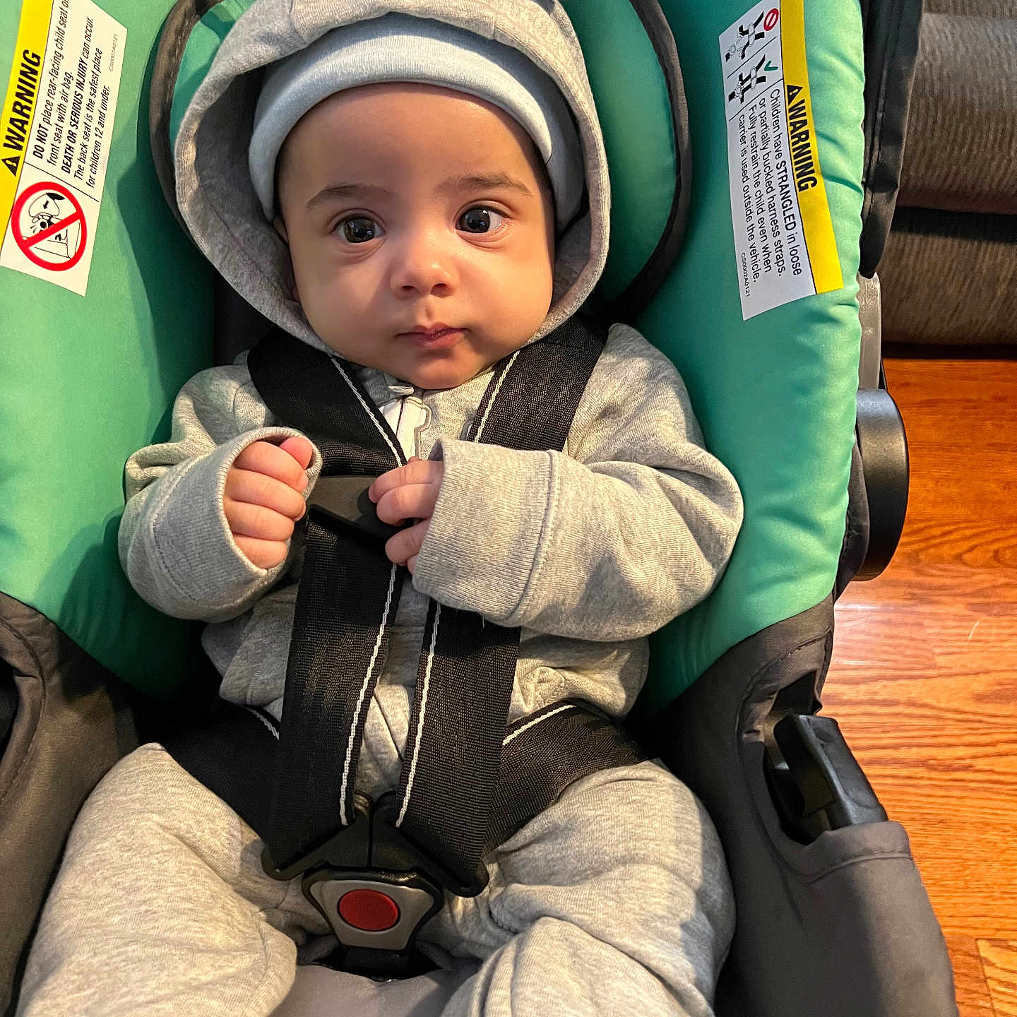 Grayson is registered to the contest to win money with this photo: baby, bodypart, bonnet, cap, car, car_interior, clothing, coat, face, finger, furniture, hand, hat, head, jacket, person, photography, portrait, transportation, vehicle