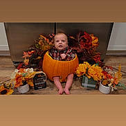 Carter is registered to the contest to win money with this photo: autumn, baby, child, cute, decor, fall, floor, flowers, green, harvest, holiday, indoors, leaves, orange, plaid_shirt, plant, pumpkin, seasonal, sign, yellow