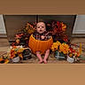baby, pumpkin, fall, autumn, flowers, leaves, plaid_shirt, floor, sign, harvest, decor, indoors, child, cute, seasonal, orange, yellow, green, plant, holiday