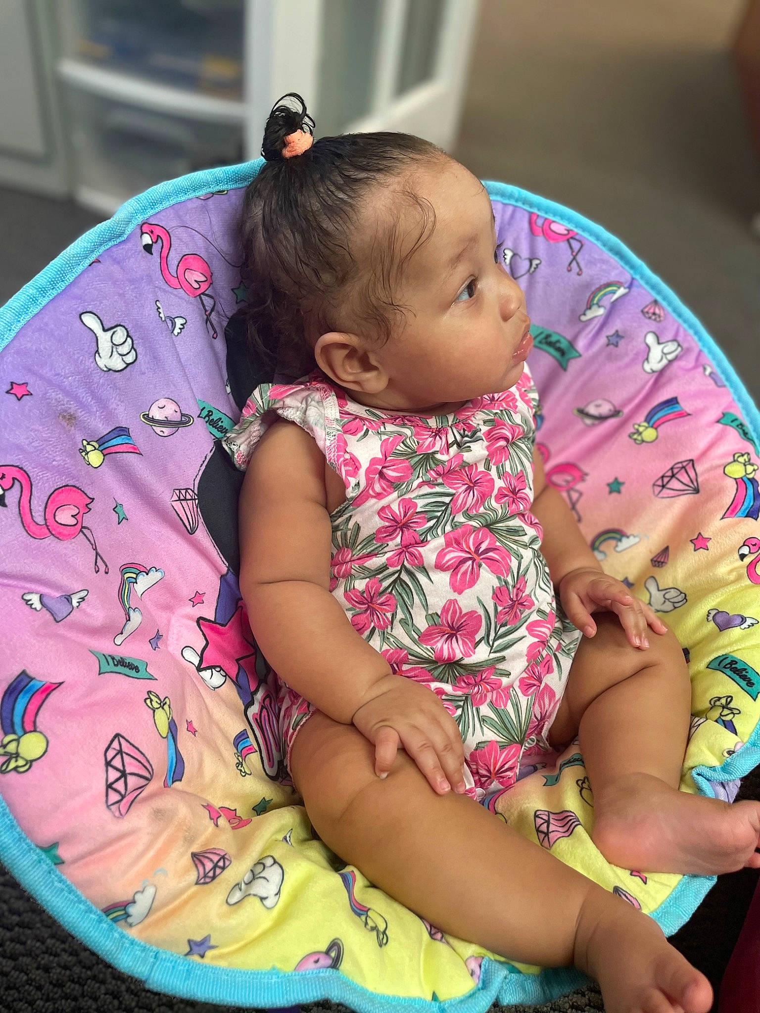 Alanni is registered to the contest to win money with this photo: arm, baby, baby_toddler_clothing, cheek, child, comfort, facial_expression, finger, hairstyle, hand, happy, lap, mouth, people, person, pink, product, purple, skin, textile