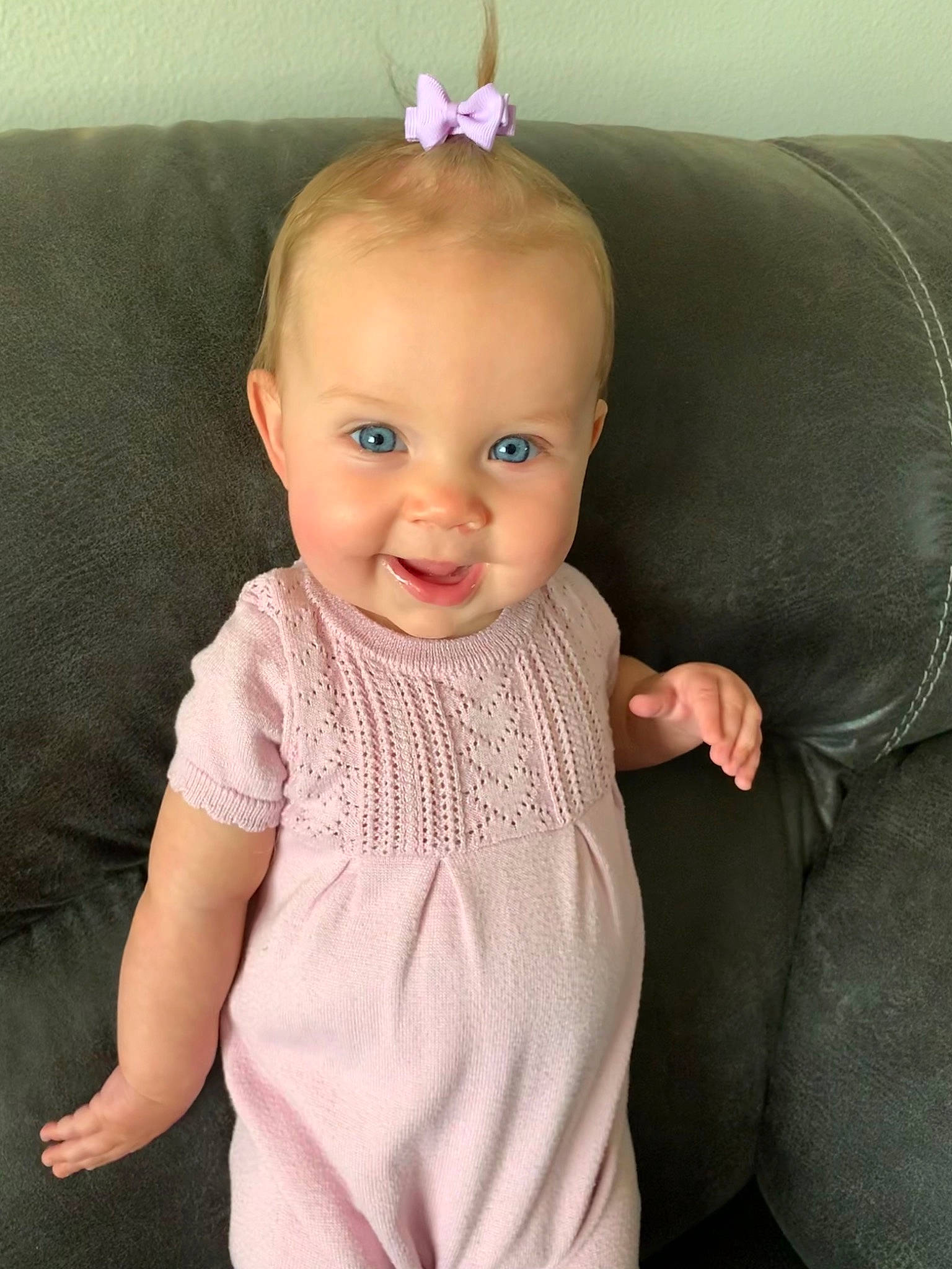 Charolette joined the competition — help win amazing prizes! baby, baby_toddler_clothing, cheek, ear, eye, facial_expression, gesture, hairstyle, head, human_body, iris, mammal, neck, person, pink, product, purple, skin, sleeve, smile