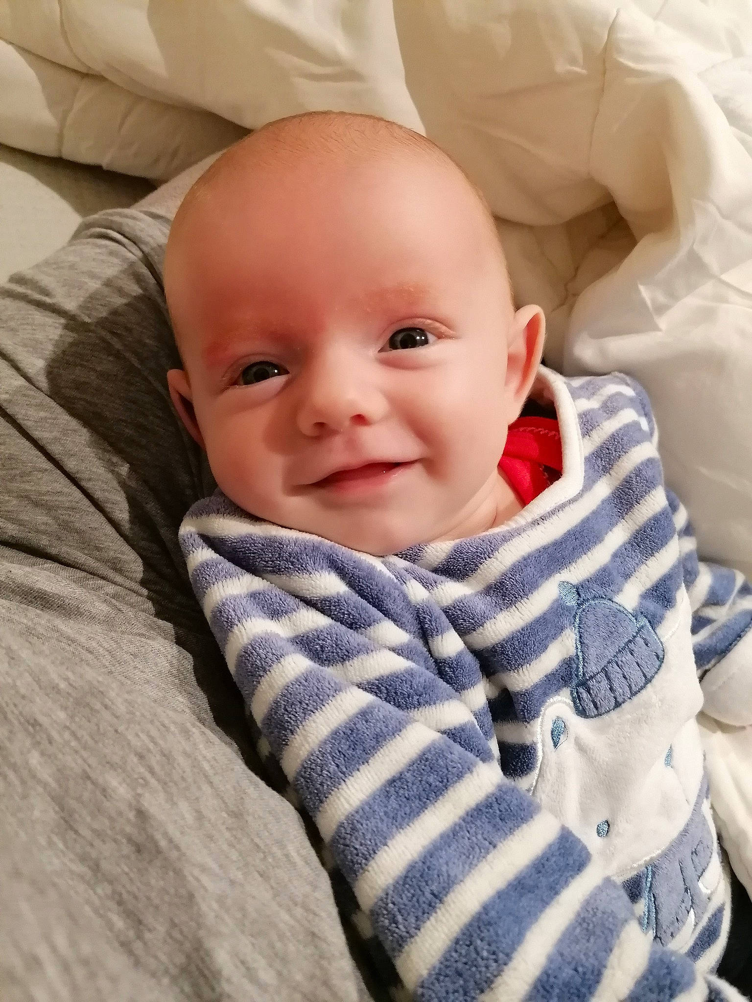 Anna-lesia participe au concours pour gagner de l'argent avec cette photo : baby, baby_toddler_clothing, cheek, child, chin, close_up, collar, comfort, grey, happy, human, joy, linens, pattern, person, product, skin, sleeve, smile, textile