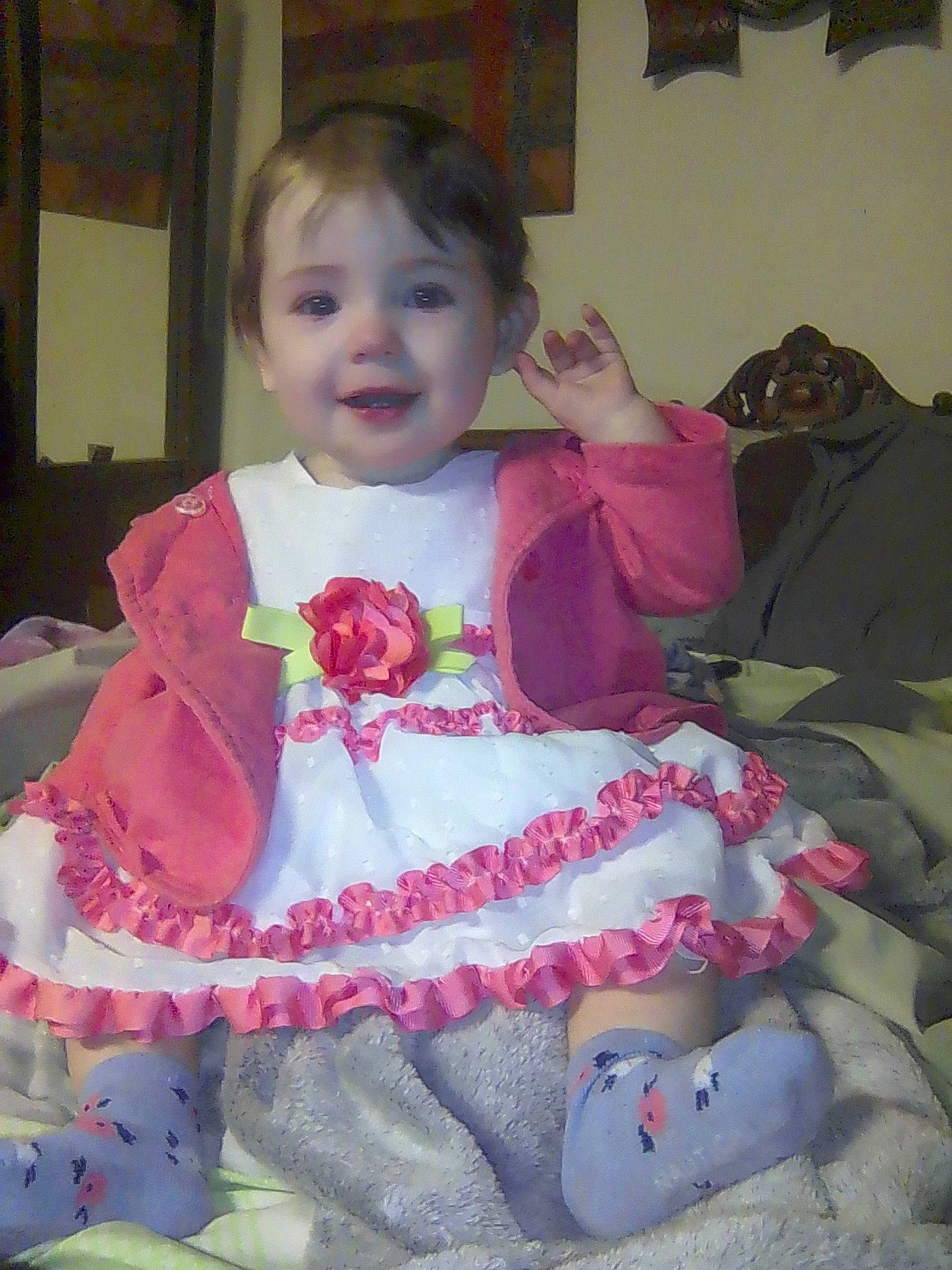 Alise joined the competition — help win amazing prizes! baby, baby_products, baby_toddler_clothing, cheek, child, day_dress, embellishment, happy, iris, joy, linens, magenta, pattern, person, pink, room, ruffle, sitting, sleeve, smile