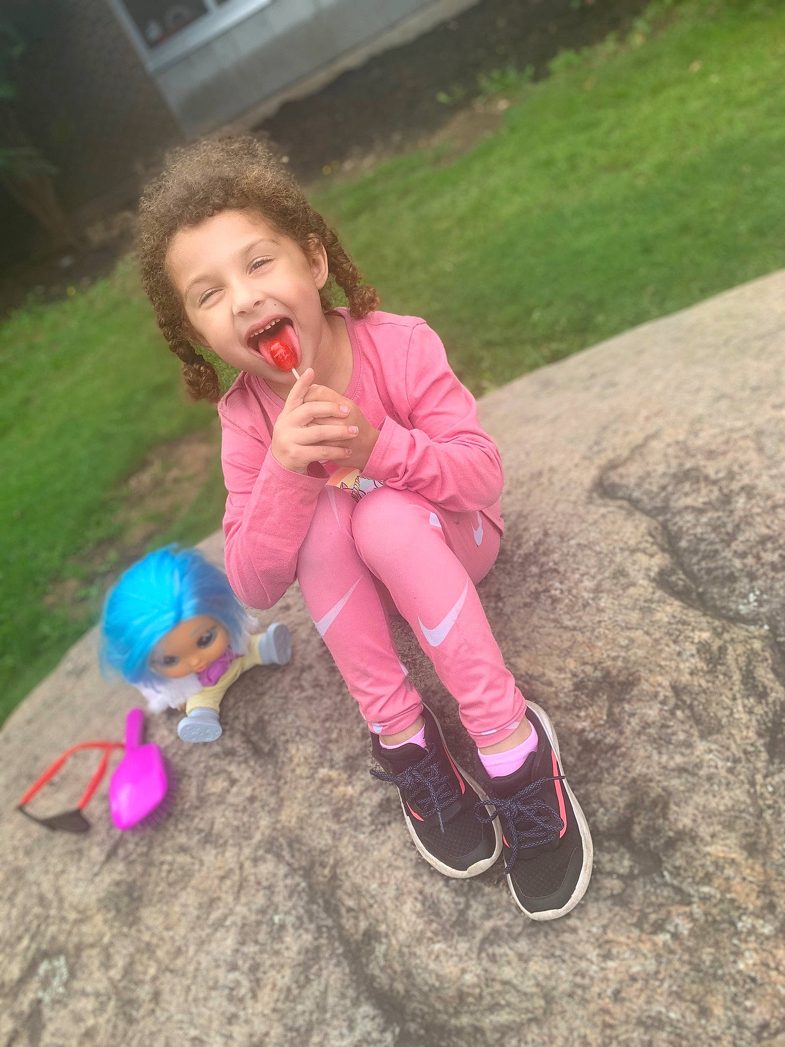 Gracelynne is registered to the contest to win money with this photo: child, doll, facial_expression, fawn, friendship, fun, grass, hairstyle, hand, happy, head, leisure, magenta, people_in_nature, person, pink, plant, recreation, smile, toddler