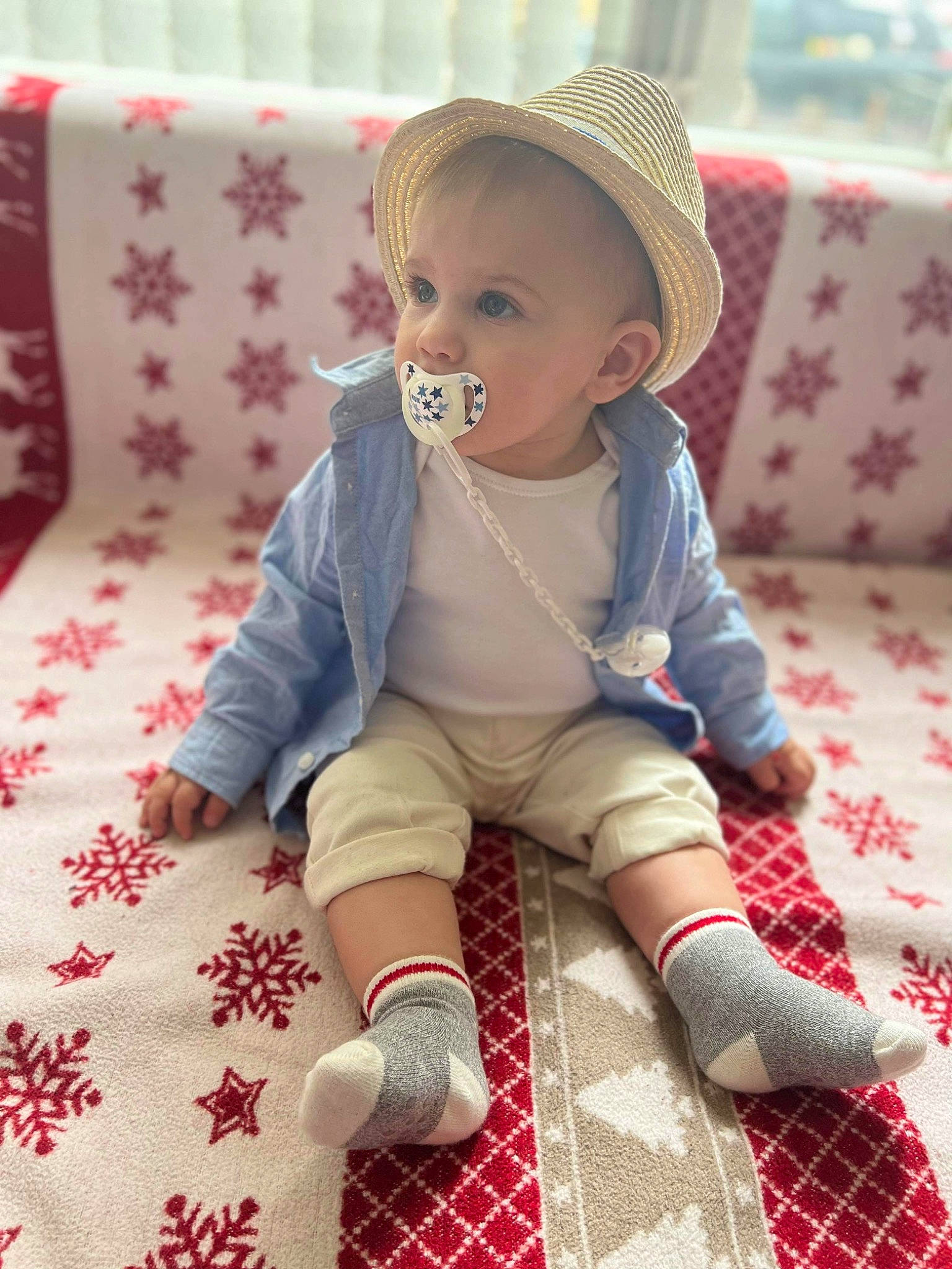 Erick joined the competition — help win amazing prizes! baby, baby_toddler_clothing, cap, child, comfort, dress, fedora, hat, human_body, knee, leg, mammal, pattern, person, pink, sleeve, sock, sun_hat, textile, thigh