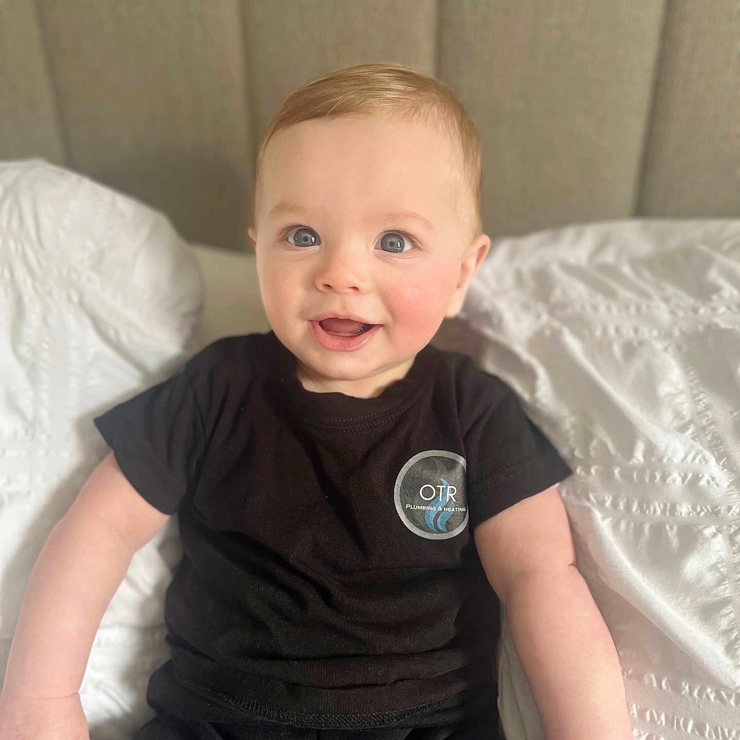 Oscar joined the competition — help win amazing prizes! baby, bed, bedroom, bodypart, clothing, couch, face, finger, furniture, happy, head, indoors, pants, person, photography, portrait, room, sleeve, smile, t_shirt
