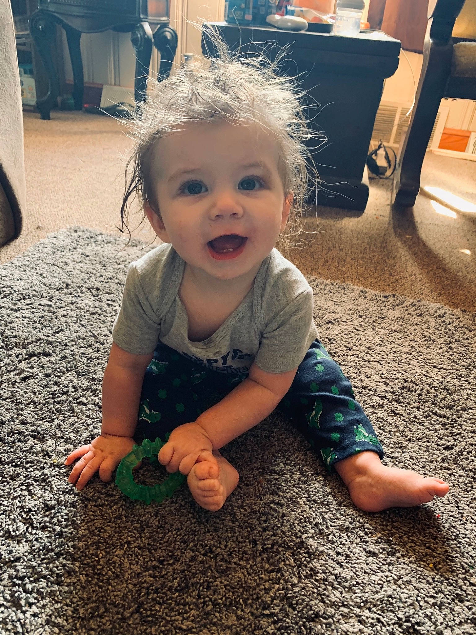 Jaxon joined the competition — help win amazing prizes! baby, baby_toddler_clothing, chair, cheek, floor, flooring, hair, hairstyle, hand, happy, head, human_body, mammal, mouth, person, photograph, skin, smile, standing, vertebrate
