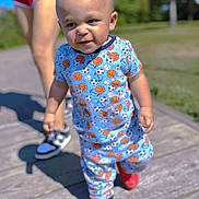 Jamal joined the competition — help win amazing prizes! toddler, child, outdoor, walking, sunny, sports_pattern, blue_outfit, red_shoes, person, legs, sneakers, sidewalk, nature, grass, daylight, cute, happy, baby, summer, portrait