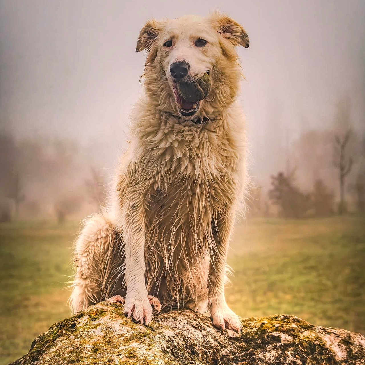 Kayla participe au concours pour gagner de l'argent avec cette photo : animal, ball, canine, daytime, dog, fetch, field, fluffy, fur, grass, mist, moss, muddy, nature, outdoor, pet, playing, portrait, rock, sitting