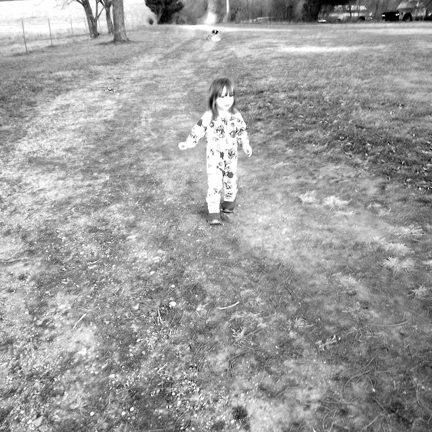 Atlasjimmy is registered to the contest to win money with this photo: bare_trees, black_and_white, boots, child, countryside, daytime, dirt_path, fence, field, grass, landscape, nature, outdoor, overcast, person, rural, trees, vehicle, walking, young