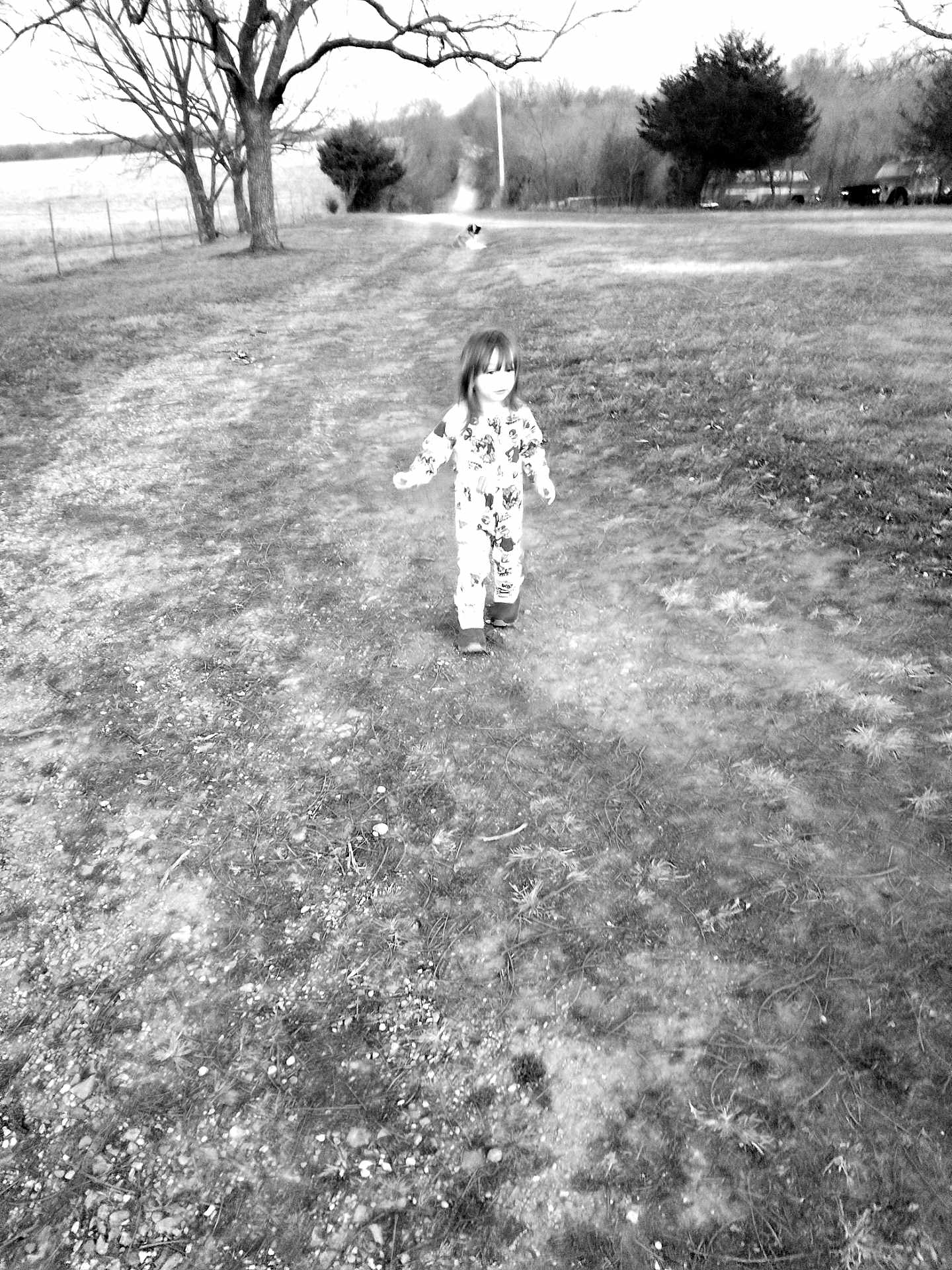 Atlasjimmy is registered to the contest to win money with this photo: child, walking, dirt_path, rural, trees, fence, boots, grass, outdoor, nature, black_and_white, person, field, overcast, vehicle, landscape, bare_trees, countryside, daytime, young