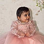 baby, child, pink_dress, lace, smile, portrait, cute, sitting, floral_background, happy, young_child, long_sleeves, tulle_skirt, hands, face, dark_hair, indoors, elegant, fashion, adorable
