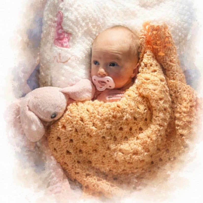 Saige joined the competition — help win amazing prizes! baby, infant, blanket, pacifier, plush_toy, bunny, portrait, cute, newborn, soft_texture, wrapped, pink, orange, face, head, sleepy, cozy, announcement, date, name
