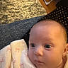 baby, baby_face, blanket, closeup, clothing, curious, cute, expression, eyes, face, head, indoors, infant, newborn, person, portrait, skin, soft_texture, wrapped, young