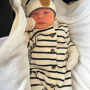 Samuel participe au concours pour gagner de l'argent avec cette photo : newborn, baby, infant, blanket, striped_clothing, hat, bear_patch, mittens, cozy, sleepy, cute, portrait, soft, warm, lying_down, small, child, knitwear, white, black_stripes
