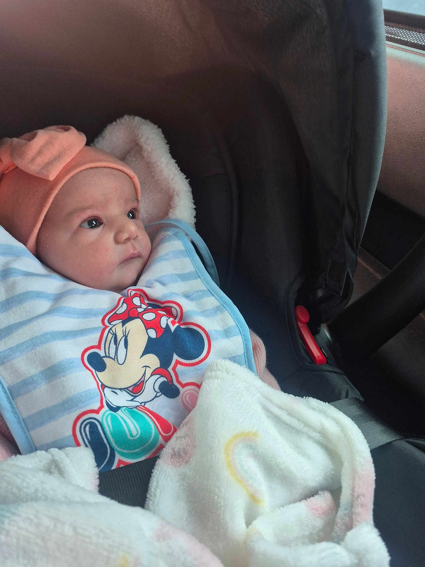 Louméa participe au concours pour gagner de l'argent avec cette photo : baby, infant, car_seat, blanket, bib, pink_hat, minnie_mouse, clothing, child, seatbelt, portrait, indoors, cute, young_child, face, person, soft_texture, warm, gaze, comfort