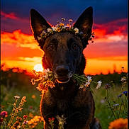 Luna participe au concours pour gagner de l'argent avec cette photo : animal, canine, colorful, cute, dog, evening, field, flower_crown, flowers, grass, nature, outdoor, peaceful, pet, portrait, scenic, sitting, sky, sunset, wildflowers