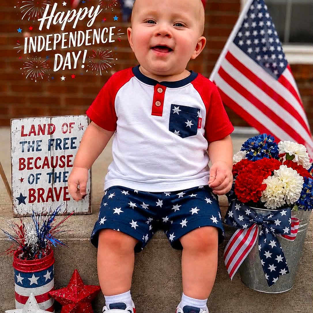 Weston Lee Bowles joined the competition — help win amazing prizes! baby, child, infant, smiling, portrait, independence_day, american_flag, patriotic, red_white_blue, fireworks, stars, flowers, outdoor, brick_wall, steps, sitting, clothing, sneakers, holiday_decoration, text_overlay