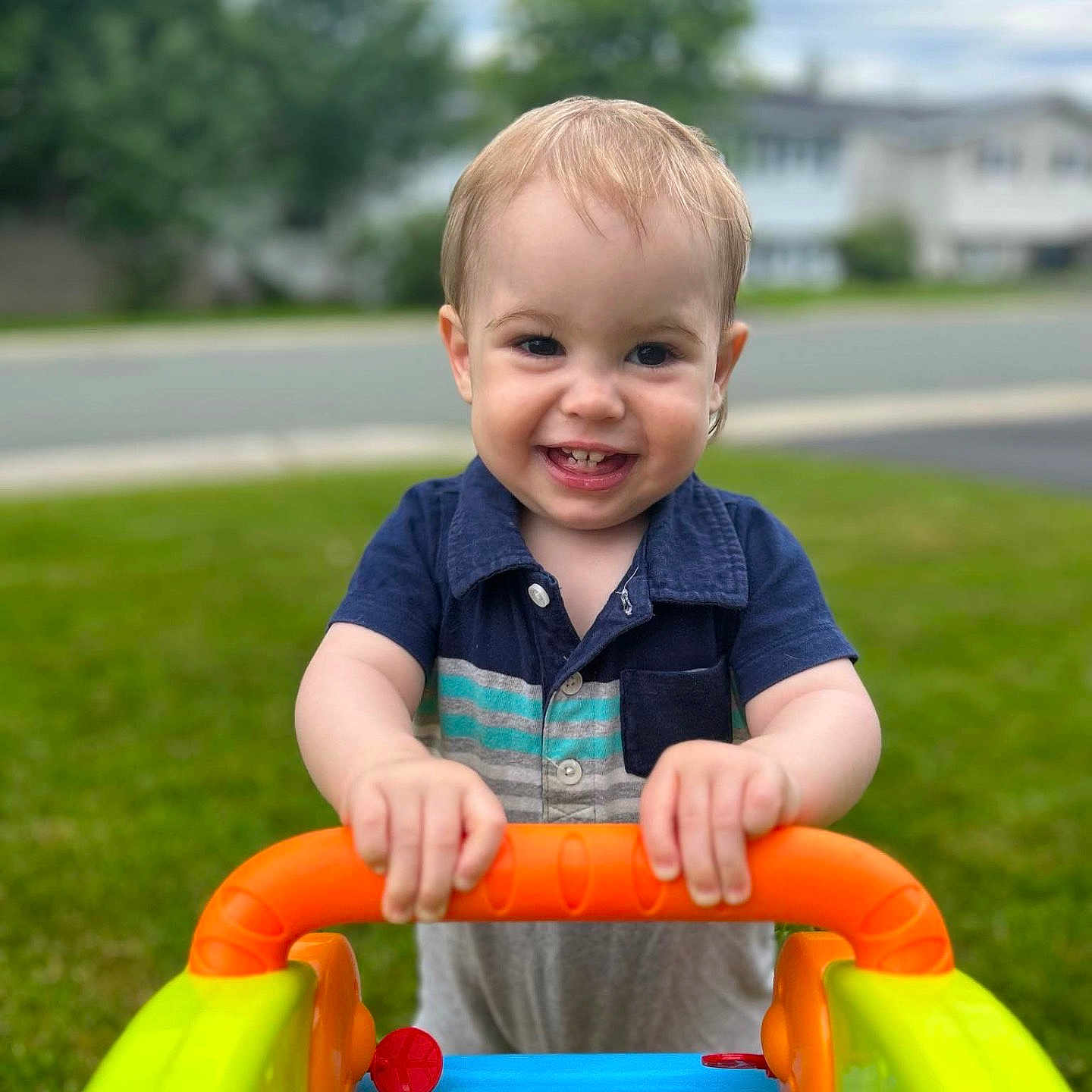 Kai is registered to the contest to win money with this photo: baby, backyard, clothing, face, grass, happy, head, lawn, nature, outdoorplayarea, outdoors, park, person, photography, plant, playarea, portrait, summer, t_shirt, yard
