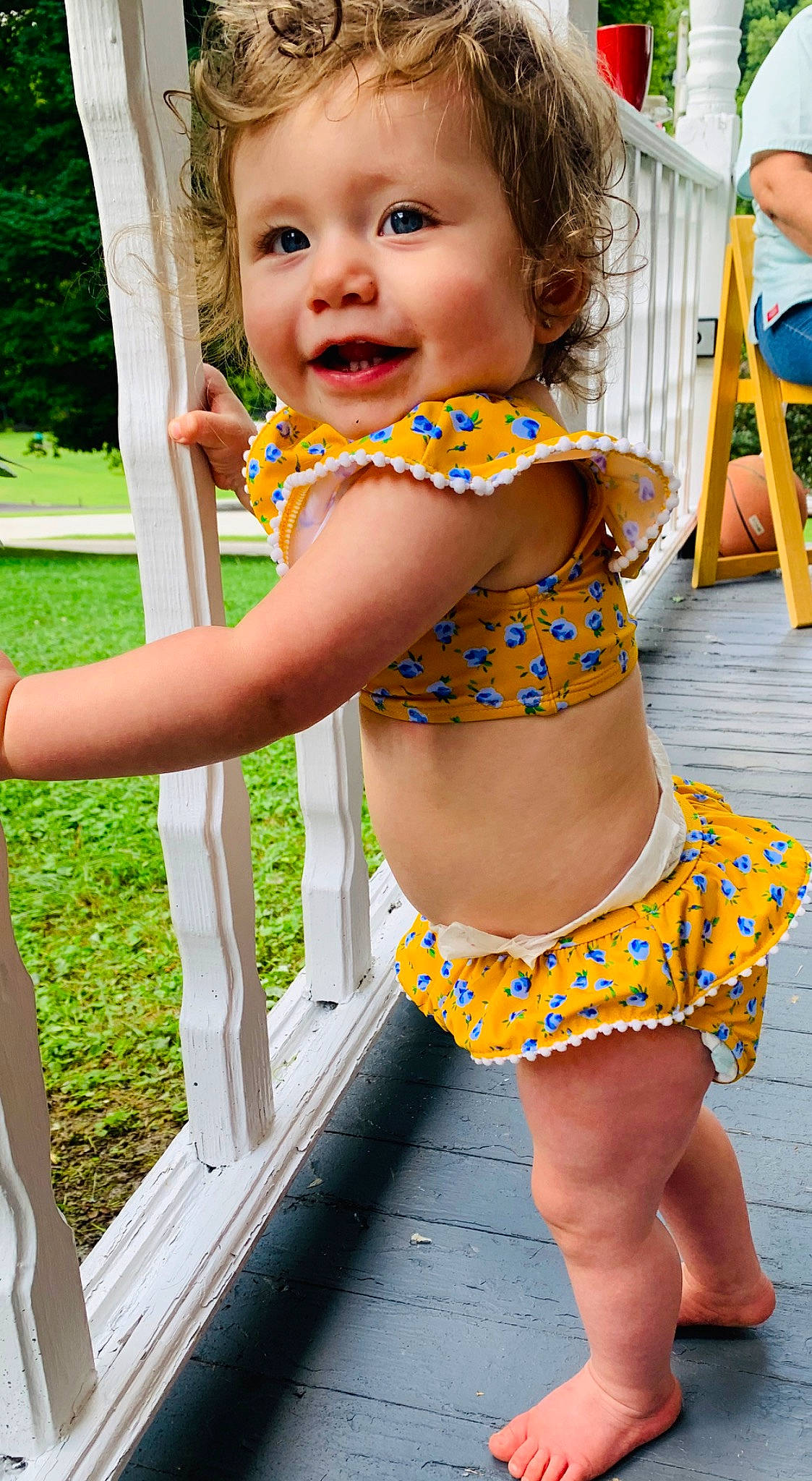 Raelyn joined the competition — help win amazing prizes! abdomen, baby_toddler_clothing, child, child_model, clothing, design, dress, orange, pattern, person, polka_dot, smile, swimwear, toddler, vacation, yellow