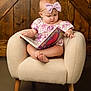 baby, child, armchair, book, reading, headband, bow, floral_dress, wooden_background, indoor, cute, toddler, feet, hands, expression, furniture, portrait, sitting, cozy, floor
