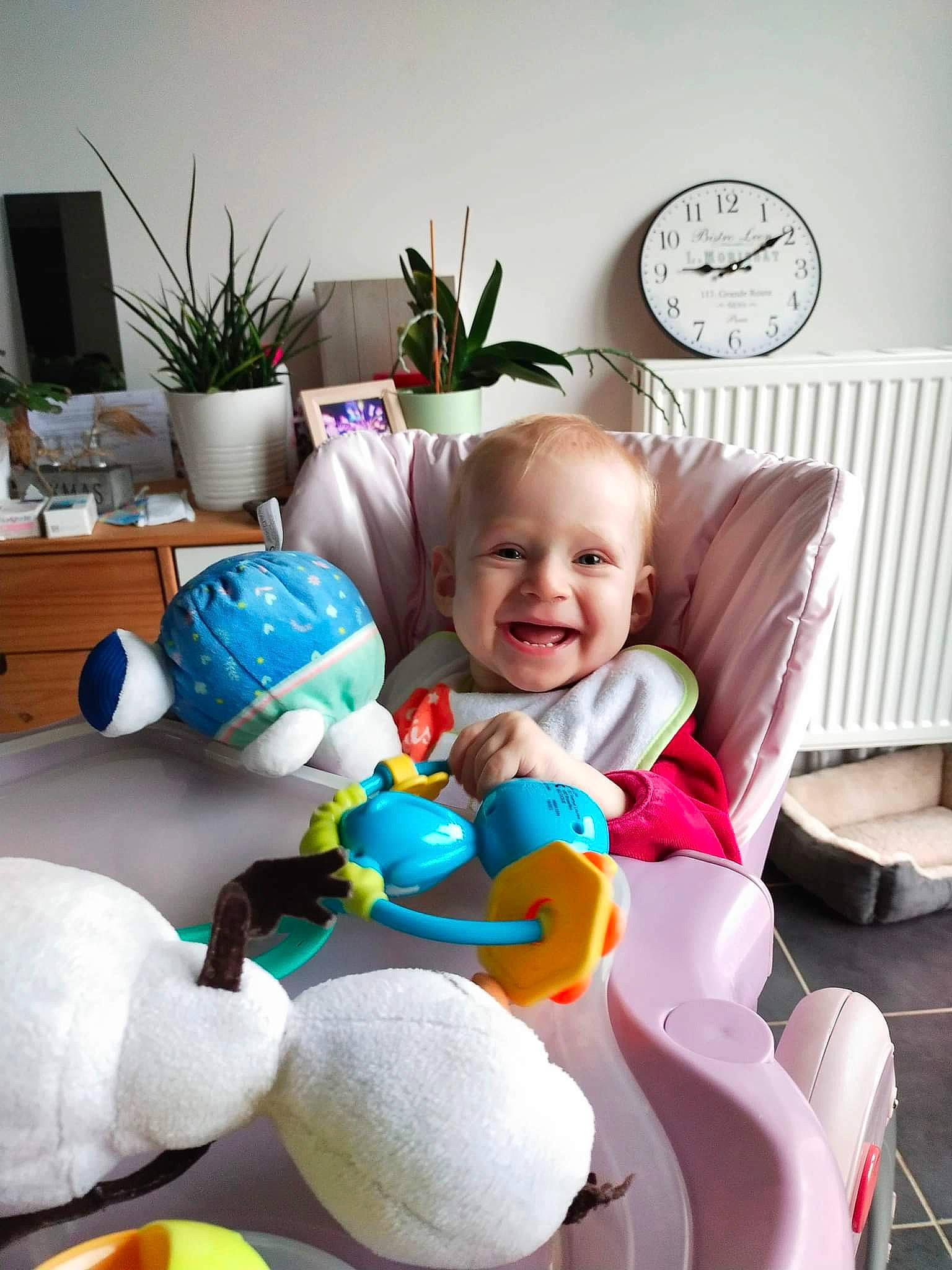 Alice participe au concours pour gagner de l'argent avec cette photo : baby, baby_playing_with_toys, baby_products, baby_toddler_clothing, child, clock, comfort, flowerpot, fun, happy, houseplant, joy, person, picture_frame, plant, purple, room, smile, stuffed_toy, textile