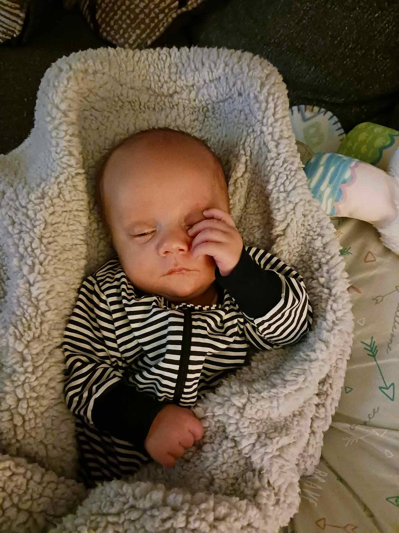 Grayson joined the competition — help win amazing prizes! baby, baby_sleeping, baby_toddler_clothing, cheek, child, comfort, eye, grass, head, headgear, iris, linens, nose, person, sitting, skin, sleeve, textile, toddler, wool