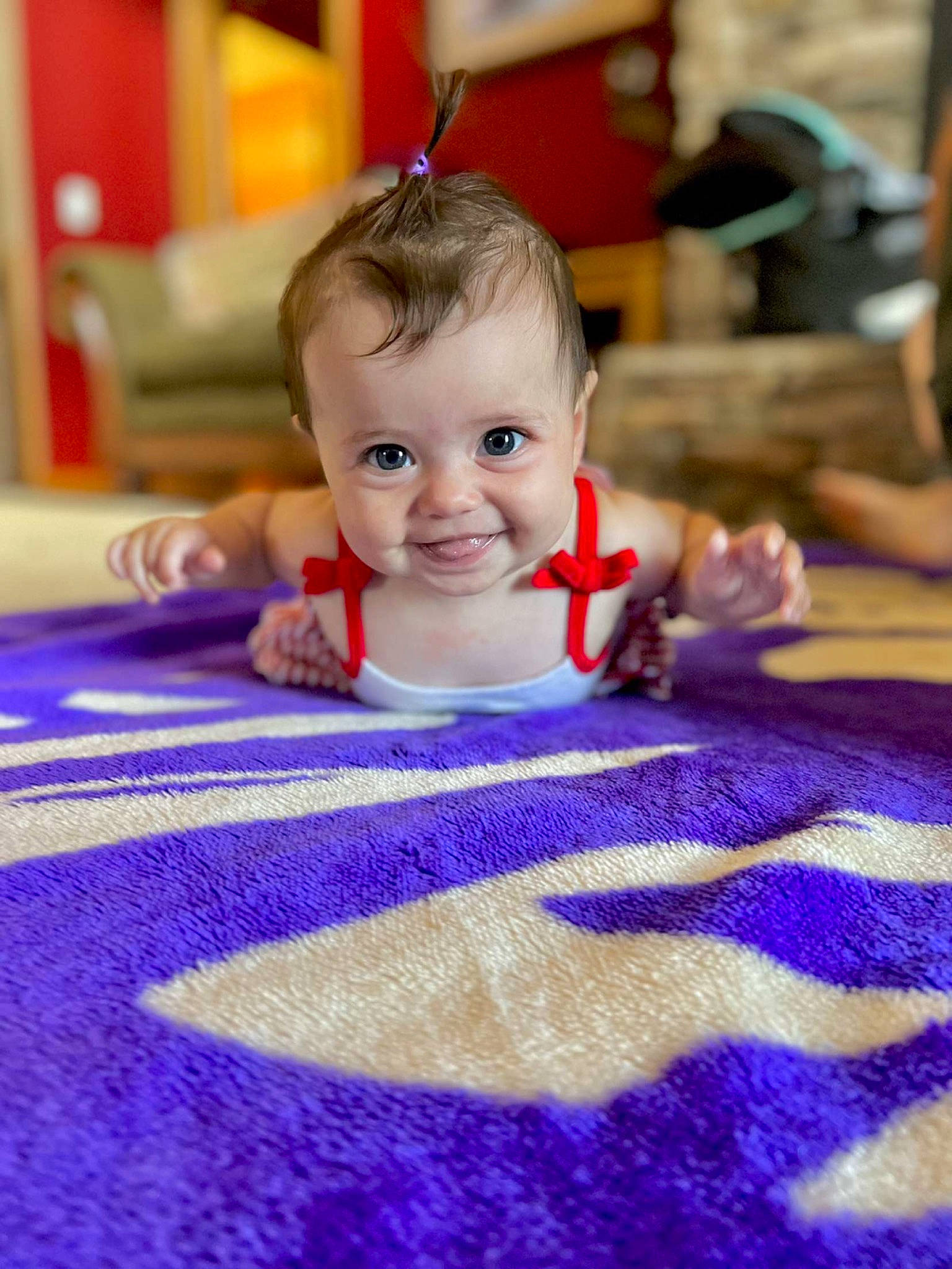 Marynn joined the competition — help win amazing prizes! baby, baby_toddler_clothing, carpet, child, electric_blue, floor, flooring, fun, hairstyle, happy, leisure, linens, magenta, pattern, person, purple, room, skin, smile, toddler