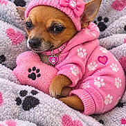 Tiny is registered to the contest to win money with this photo: adorable, blanket, chihuahua, close_up, collar, cozy, cute, dog, heart_tag, indoors, pajamas, paw_prints, pet, pink_clothing, portrait, puppy, sleepy, small_dog, sweater, winter_hat