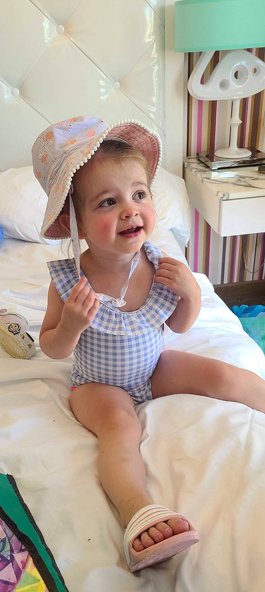 Eden joined the competition — help win amazing prizes! baby, baby_toddler_clothing, cap, child, comfort, face, finger, happy, headgear, human_leg, knee, pattern, person, pink, shorts, skin, smile, textile, thigh, toddler