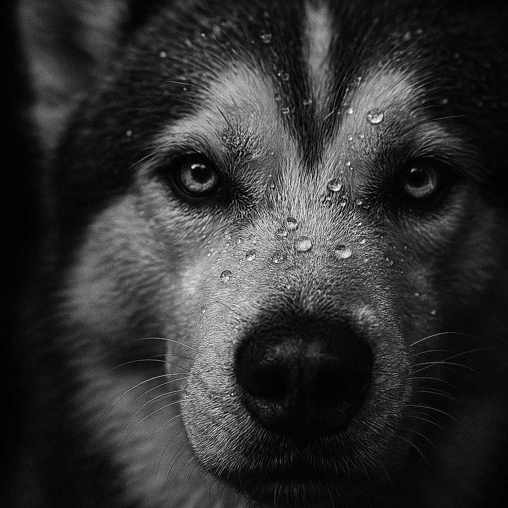 Saiko participe au concours pour gagner de l'argent avec cette photo : dog, animal, portrait, close_up, black_and_white, wet_fur, water_droplets, husky, canine, intense_gaze, face, whiskers, fur, outdoor, nature, mammal, dark_background, detailed, expression, pet