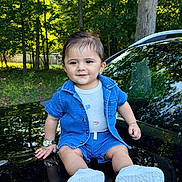 Ibrahim joined the competition — help win amazing prizes! toddler, child, baby, portrait, sitting, outdoor, forest, trees, car, vehicle, blue_clothing, denim, shorts, shoes, watch, smiling, face, reflection, daylight, nature