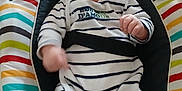 Nolan participe au concours pour gagner de l'argent avec cette photo : baby, infant, child, onesie, stripes, bouncer, car_seat, harness, winnie_the_pooh, face, eyes, hands, sitting, patterned_cushion, colorful, striped_pattern, plush_toy, portrait, home_interior, photography