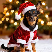 Sadie May joined the competition — help win amazing prizes! dog, christmas_hat, christmas_costume, holiday, festive, christmas_tree, lights, indoor, pet, cute, black_and_tan, sitting, fur, portrait, celebration, winter, seasonal, decorations, animal, holiday_spirit