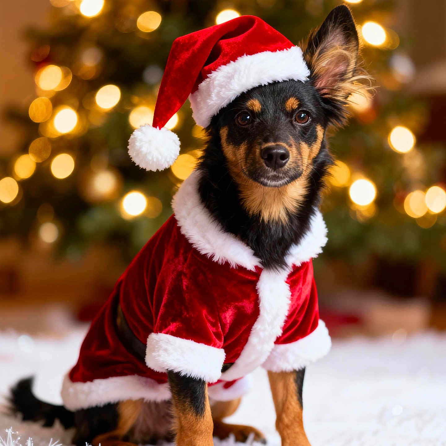 Sadie May joined the competition — help win amazing prizes! animal, black_and_tan, celebration, christmas_costume, christmas_hat, christmas_tree, cute, decorations, dog, festive, fur, holiday, holiday_spirit, indoor, lights, pet, portrait, seasonal, sitting, winter