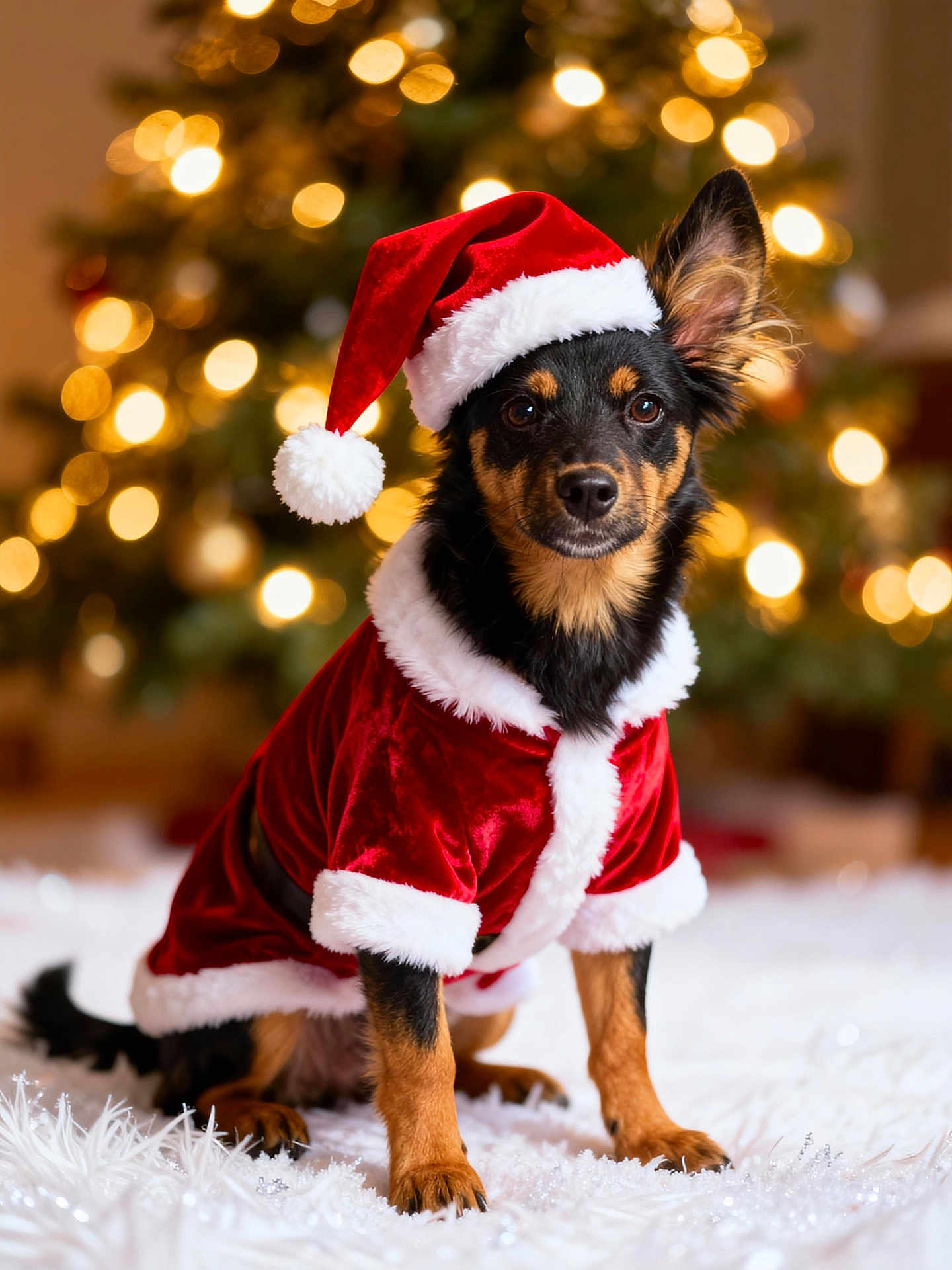 Sadie May joined the competition — help win amazing prizes! dog, christmas_hat, christmas_costume, holiday, festive, christmas_tree, lights, indoor, pet, cute, black_and_tan, sitting, fur, portrait, celebration, winter, seasonal, decorations, animal, holiday_spirit