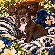 Midnight joined the competition — help win amazing prizes! puppy, dog, chocolate_brown, white_markings, portrait, sitting, blanket, pillow, paw_print, flowers, floral, indoor, cozy, cute, wide_eyes, pet, animal, close_up, patterned_textile, still_life