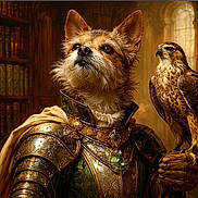 Little Man joined the competition — help win amazing prizes! dog, falcon, armor, ornate_armor, medieval, portrait, library, bookshelf, jewelry, cloak, gauntlet, beak, whiskers, fur, eyes, ears, feathers, regal, fantasy, metalwork