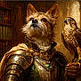 dog, falcon, armor, ornate_armor, medieval, portrait, library, bookshelf, jewelry, cloak, gauntlet, beak, whiskers, fur, eyes, ears, feathers, regal, fantasy, metalwork