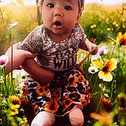 Oaklynn is registered to the contest to win money with this photo: baby, child, flower_field, yellow_bow, sunflower_pants, shirt, hand_holding, outdoor, nature, greenery, grass, colorful_flowers, sunlight, cute, portrait, infant, sitting, happy, spring, closeup