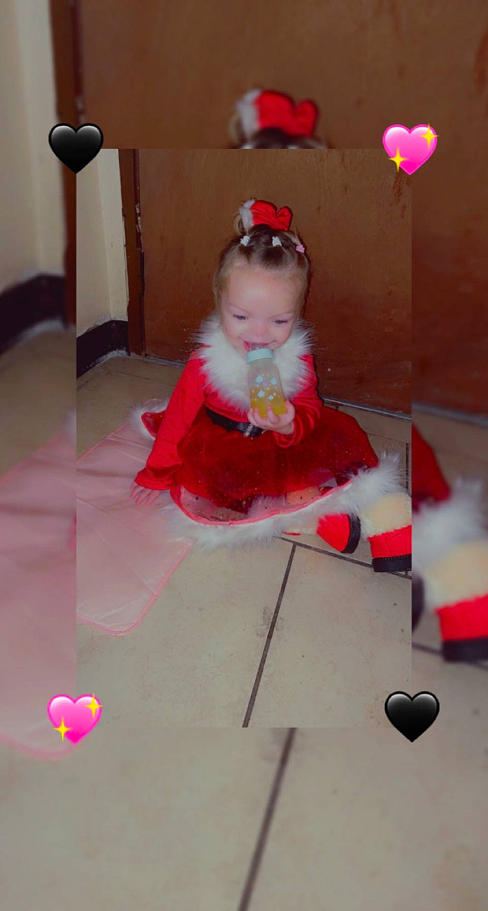 Angel joined the competition — help win amazing prizes! baby, baby_products, baby_toddler_clothing, baby_toys, carmine, child, costume, floor, flooring, fun, hardwood, magenta, peach, person, pink, red, room, sitting, sunglasses, toddler